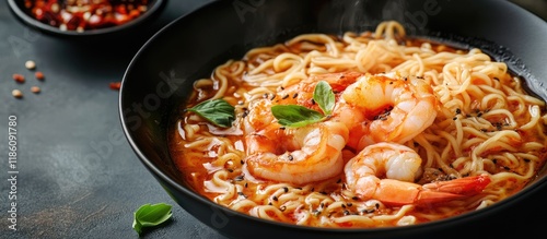 Close up of noodles soup wi...