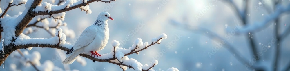 Snow-covered tree branches with a lone white dove, calmness, frozen nature Snow-covered tree branches with a lone white dove, calmness, frozen nature