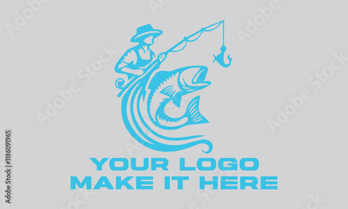 Fisherman catching large leaping light blue fish. Ideal for fishing websites, outdoor magazines, seafood restaurants, and naturethemed designs