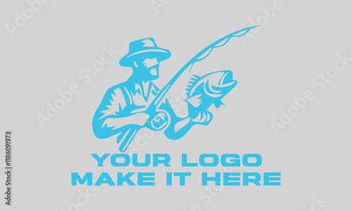 Fisherman catching large leaping light blue fish. Ideal for fishing websites, outdoor magazines, seafood restaurants, and naturethemed designs