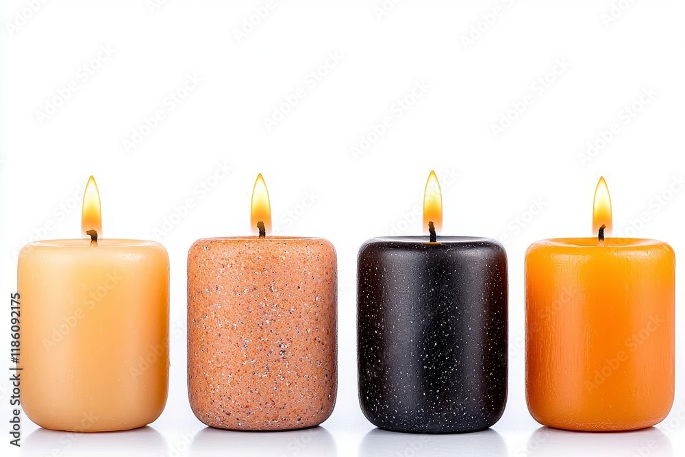 A photostock of elegant candles in earthy tones, arranged symmetrically, isolated on a clean white background, warm and calming, High Quality A photostock of elegant candles in earthy tones, arranged symmetrically, isolated on a clean white background, warm and calming, High Quality