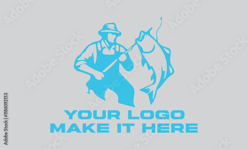 Fisherman catching large leaping light blue fish. Ideal for fishing websites, outdoor magazines, seafood restaurants, and naturethemed designs