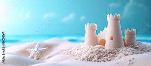 Sand castle with a blue bac...