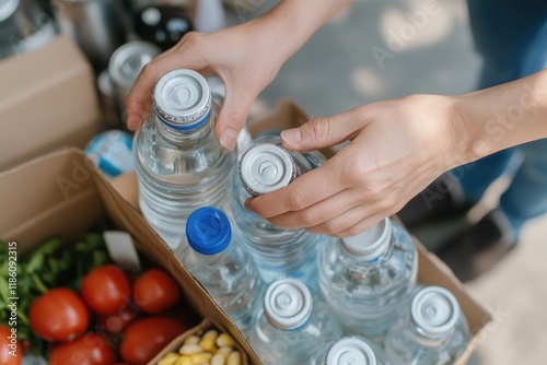 Hands assembling care packages, bottled water, canned food, support for evacuees, community aid, emergency relief efforts photo