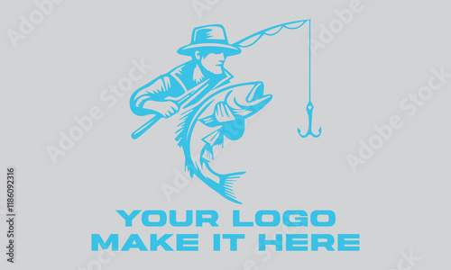 Fisherman catching large leaping light blue fish. Ideal for fishing websites, outdoor magazines, seafood restaurants, and naturethemed designs