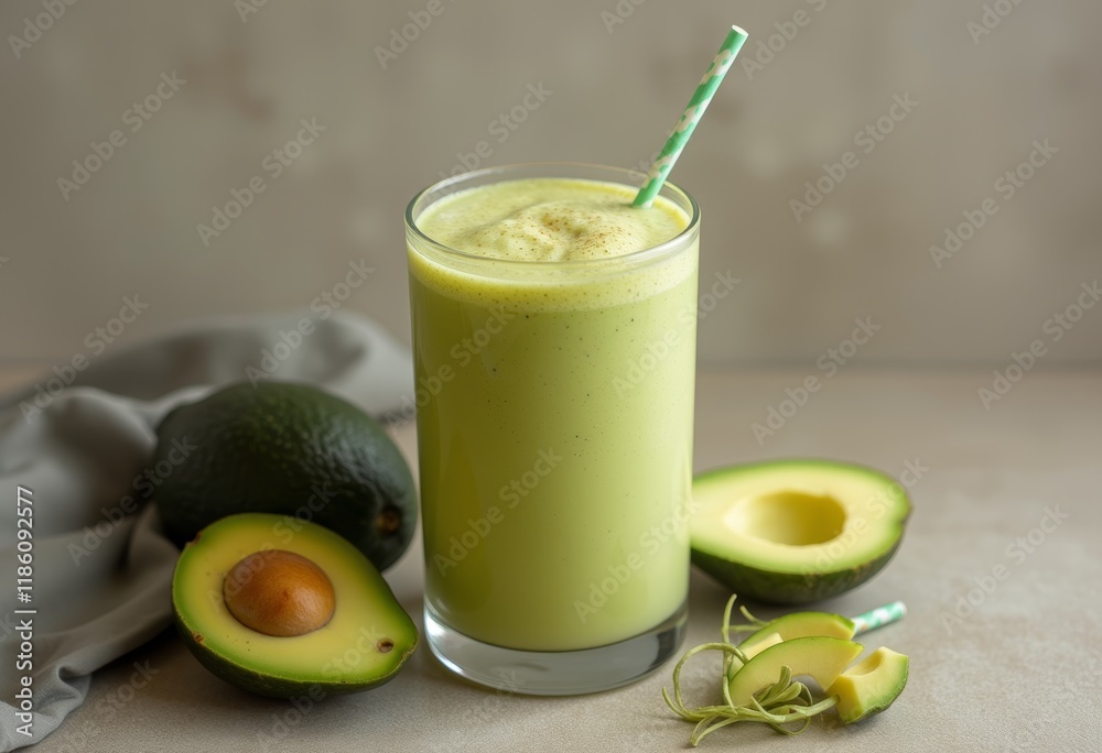 Creamy avocado smoothie in glass with fresh avocado slices. Creamy avocado smoothie in glass with fresh avocado slices.