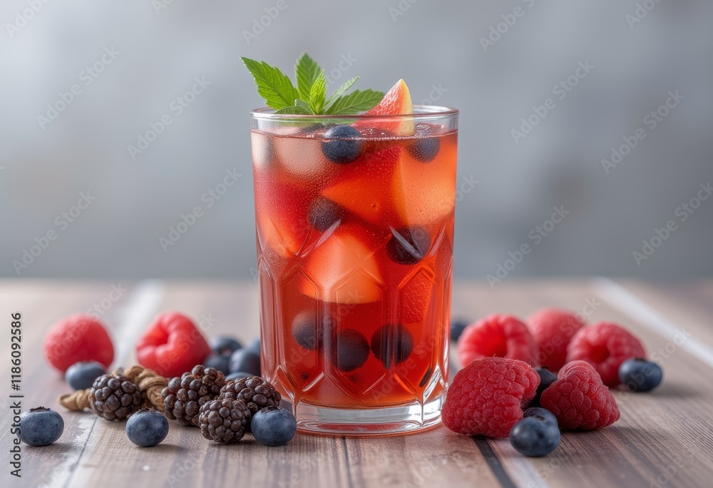 Mixed berry iced tea with mint garnish on wooden table.