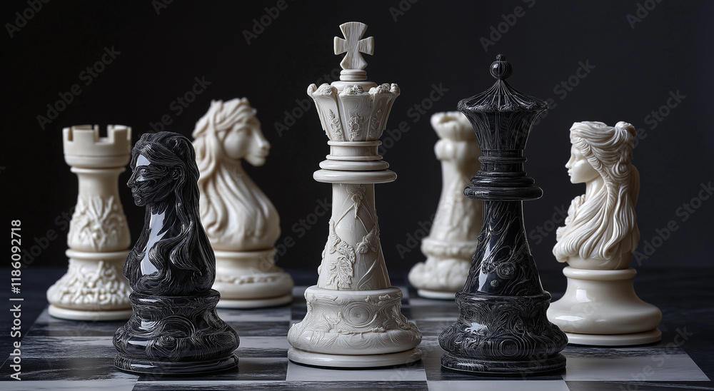 Hand-carved ivory chess pieces on a classic chessboard Hand-carved ivory chess pieces on a classic chessboard