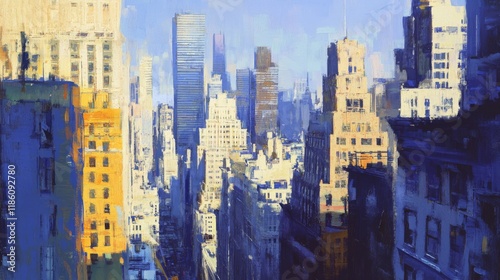 Post-impressionist cityscape with exaggerated perspective, buildings bend and flow. Intense yellow highlights contrast deep blue shadows, brushstrokes follow architectural forms. photo