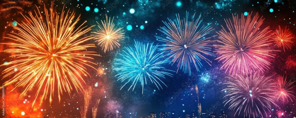 A bright fireworks display over a cityscape, celebratory atmosphere, dynamic night photography. A bright fireworks display over a cityscape, celebratory atmosphere, dynamic night photography.