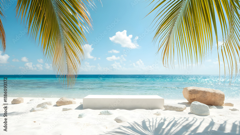 Fototapeta premium 3D Podium with Copy Space. Serene Tropical Beach with Palm Trees, Beautiful Stones and Modern White Podium for Product Showcase. Generative AI.