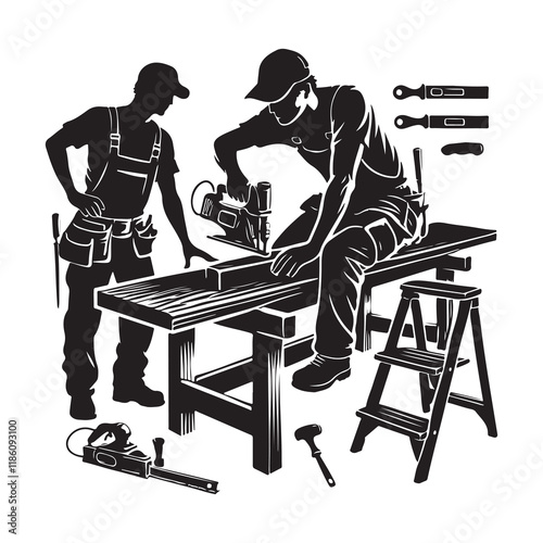 Carpenter Silhouette Vector Illustration, Solid White Background.