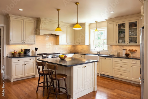 Warm traditional kitchen with off-white cabinets, hardwood floors, a central island with a marble countertop, and yellow pendant lighting. photo