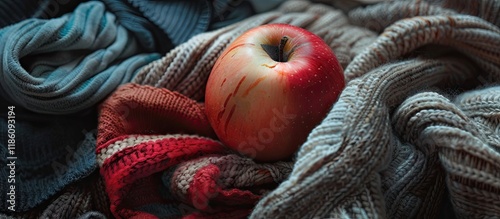 An apple rests on a pile of...