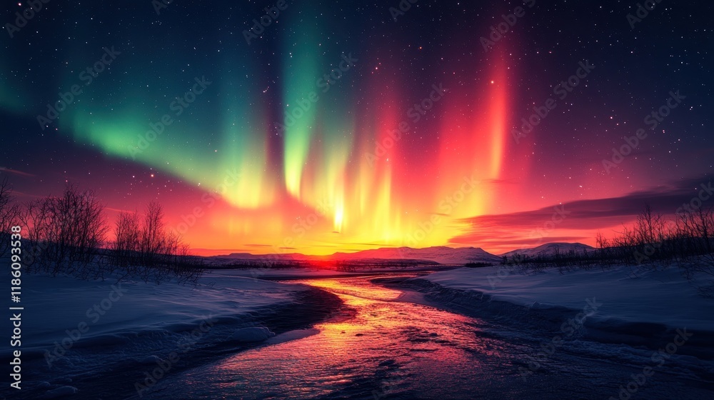 Fototapeta premium Vibrant aurora borealis illuminating a snowy winter landscape at sunset.