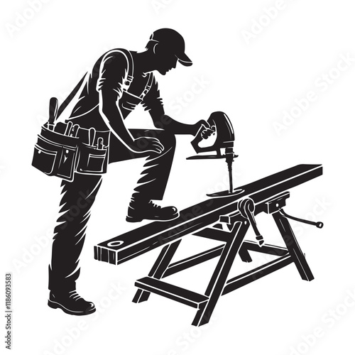 Carpenter Silhouette Vector Illustration, Solid White Background.