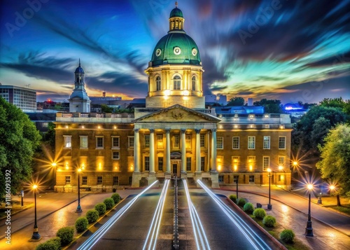 Valokuva Night lights paint the Imperial War Museum in London's Lambeth, a historical landmark, in a captivating long-exposure photograph