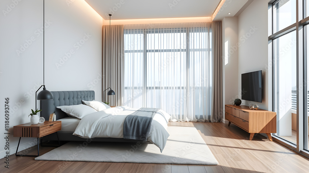 Fototapeta premium Interior modern bedroom, Minimalism. Generative AI