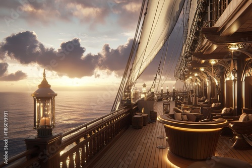 On the deck of a luxurious sailing yacht, a serene sunset over the ocean induces a mix of adventure and serenity