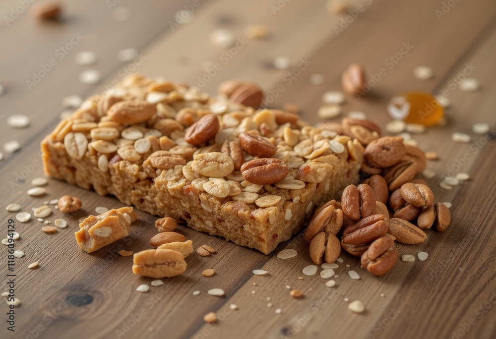 Granola bar with nuts and oats on wooden surface. Granola bar with nuts and oats on wooden surface.