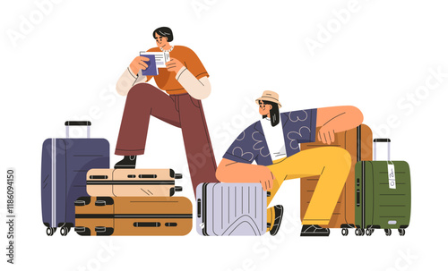 Tourist friends checking passports, travel documents, reviewing tickets. Pass...