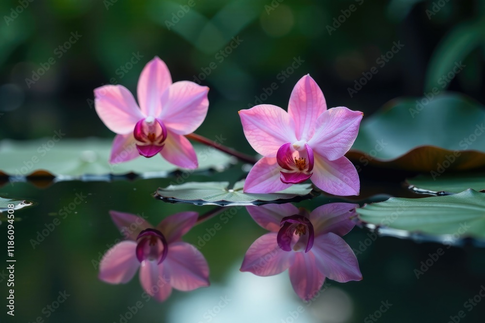 Soft pink light illuminates a delicate pink orchid stem reflected in the calm surface of a still pond, reflection, floral, light Soft pink light illuminates a delicate pink orchid stem reflected in the calm surface of a still pond, reflection, floral, light