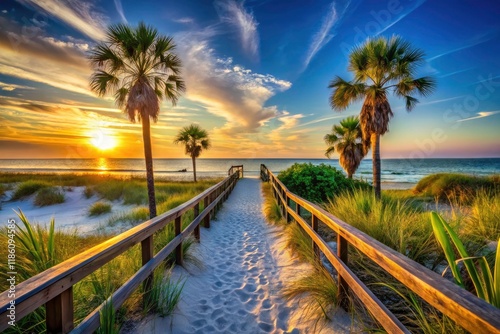 Pass-a-Grille's beach, sunset hues, footprints in the sand, bridge silhouette, sea oats dance in the breeze.