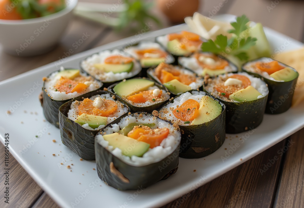 Vegetarian sushi rolls with vegetables on white plate. Vegetarian sushi rolls with vegetables on white plate.