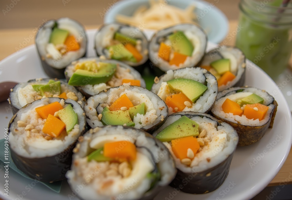 Vegetarian sushi rolls with vegetables on white plate. Vegetarian sushi rolls with vegetables on white plate.