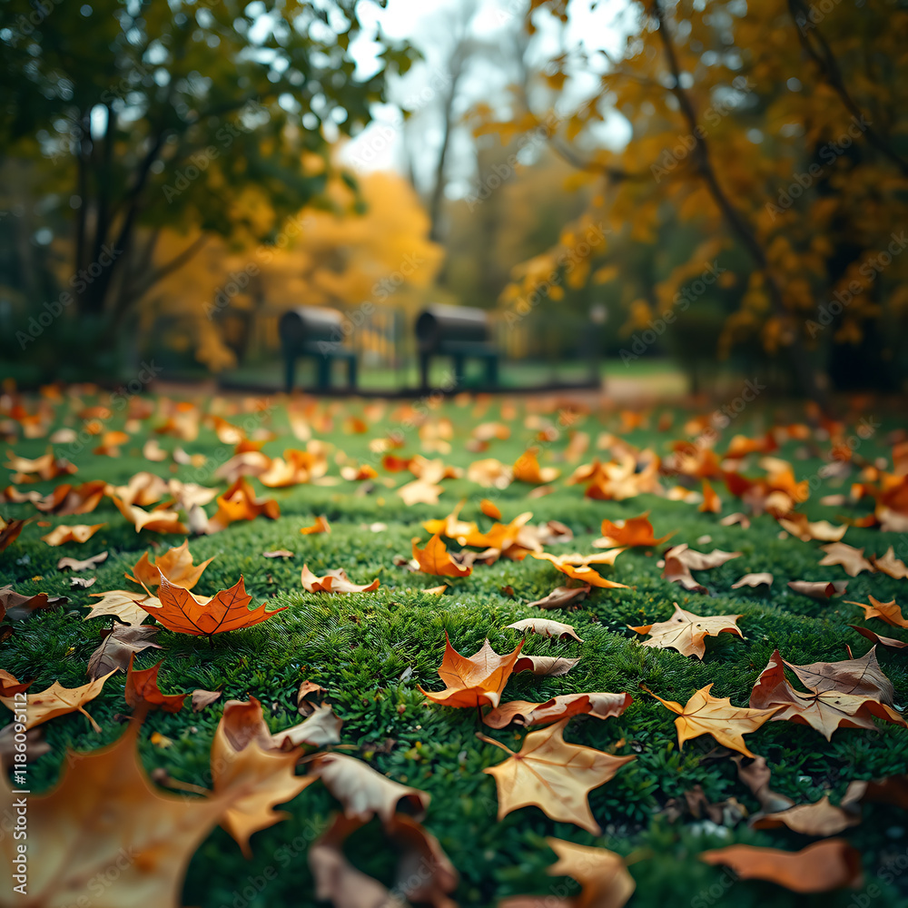 Autumnal Groundcover: Colorful Maple Leaves on a Lush Green Moss Carpet Autumnal Groundcover: Colorful Maple Leaves on a Lush Green Moss Carpet