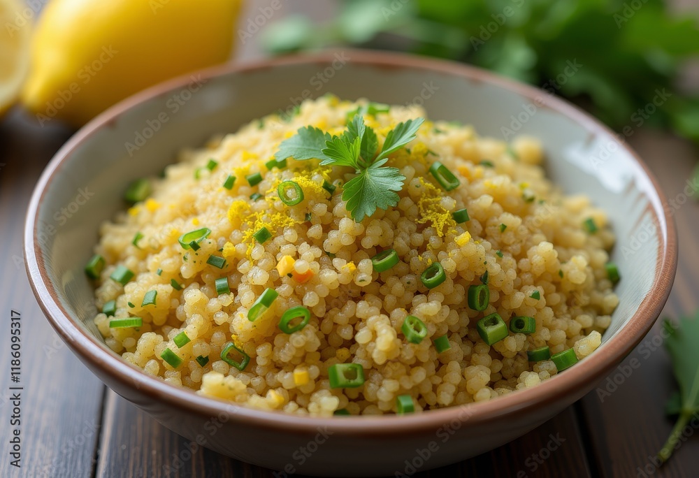 Bowl of couscous with parsley and lemon zest garnish. Bowl of couscous with parsley and lemon zest garnish.