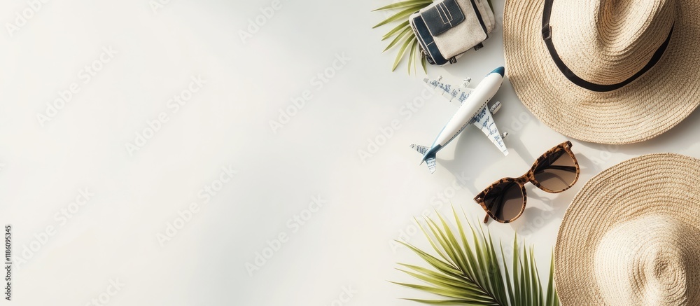 Travel accessories against a white background Concept of travel or summer vacation Top view. with copy space image. Place for adding text or design