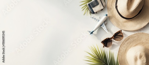 Obraz na płótnie Travel accessories against a white background Concept of travel or summer vacation Top view. with copy space image. Place for adding text or design w salonie