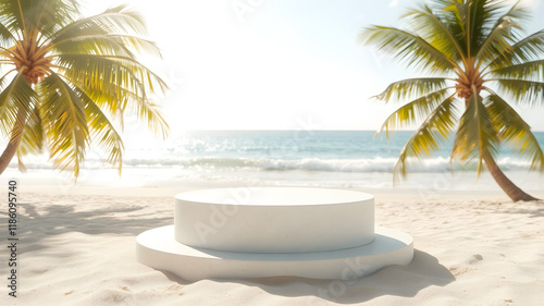 3D Podium with Copy Space. Serene Tropical Beach with Palm Trees, Beautiful Stones and Modern White Podium for Product Showcase. Generative AI.