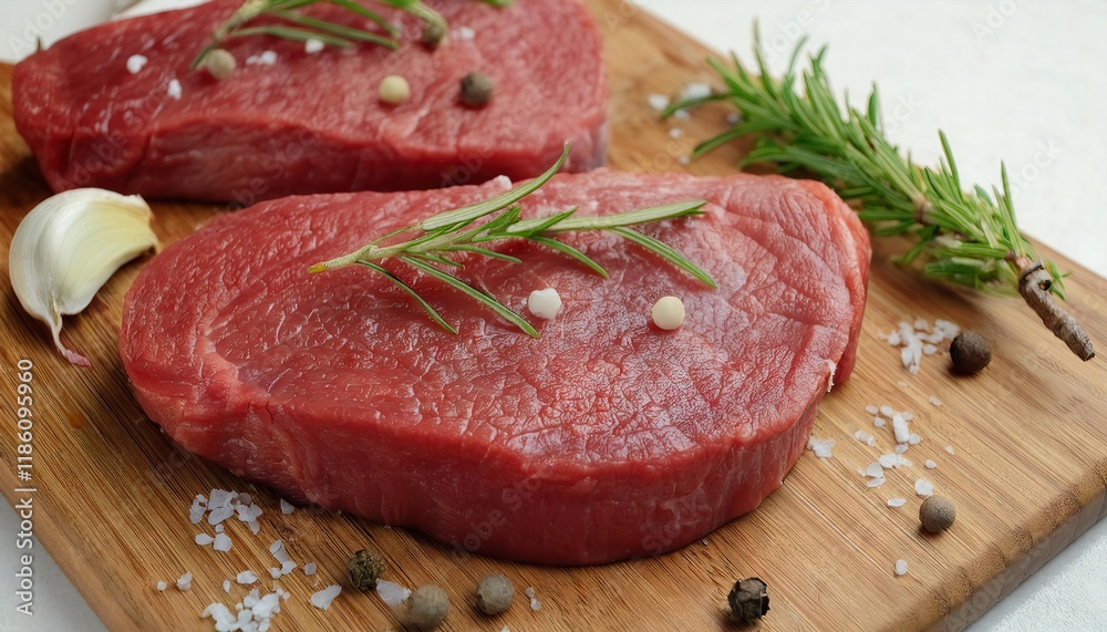 Raw beef steaks seasoned with rosemary, garlic, and peppercorns on a wooden board Raw beef steaks seasoned with rosemary, garlic, and peppercorns on a wooden board
