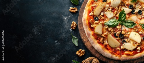 Spicy pizza topped with pear nuts and dorblu cheese Macro shot. with copy space image. Place for adding text or design photo