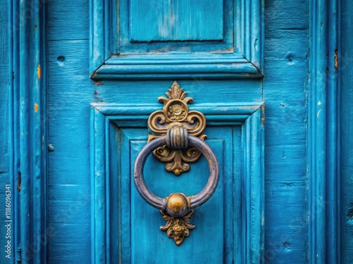 Rustic charm: an aged blue door with old knocker, a retro house entrance.