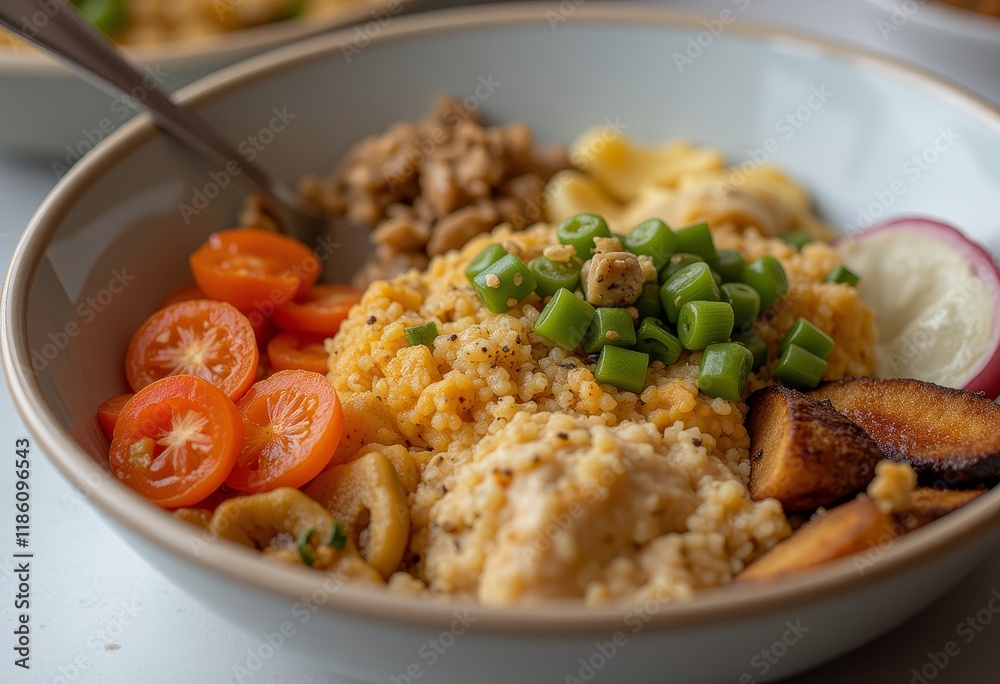 Vegan grain bowl with roasted vegetables and hummus.