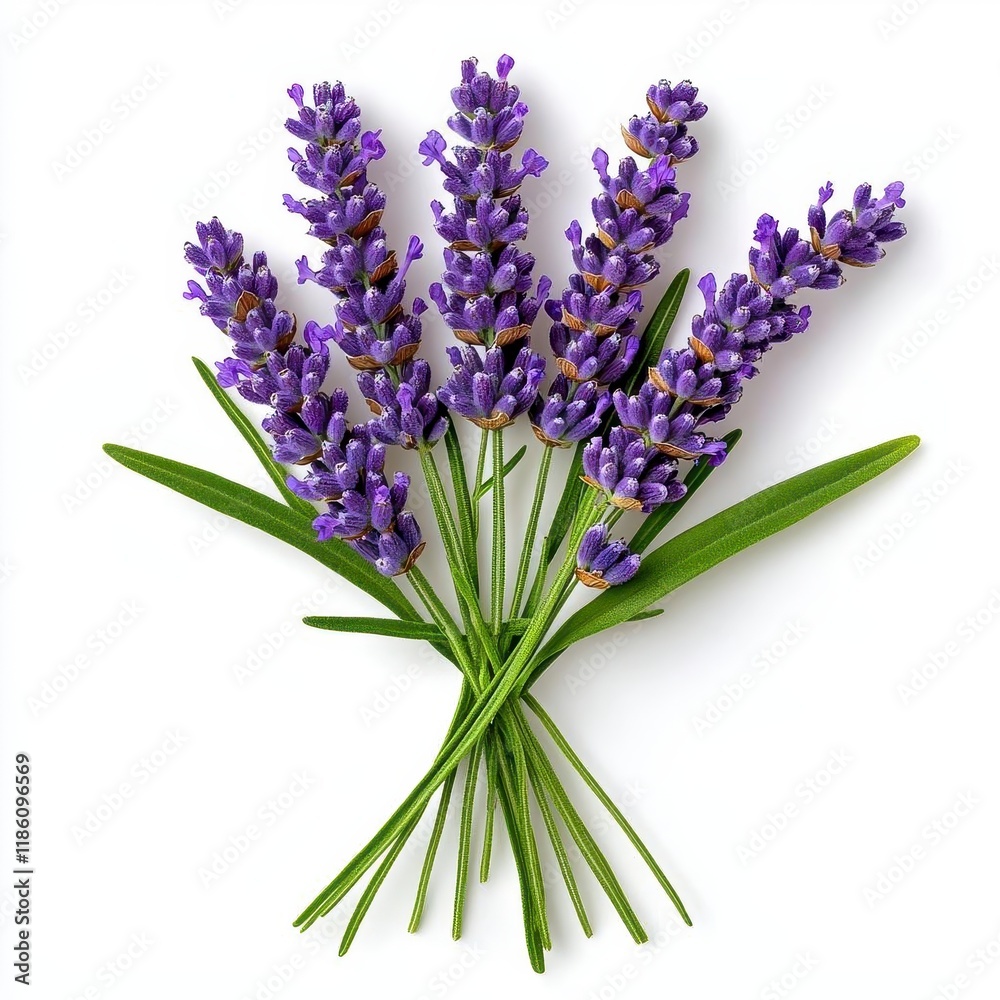 Obraz premium A photostock of fresh lavender flowers arranged in neat bundles, isolated on a clean white background, fragrant and delicate, High Quality