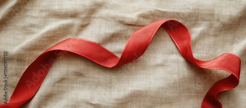 red ribbon on beige linen f...