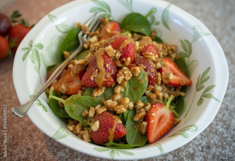 Spinach salad with strawberries, walnuts, and balsamic dressing. Spinach salad with strawberries, walnuts, and balsamic dressing.