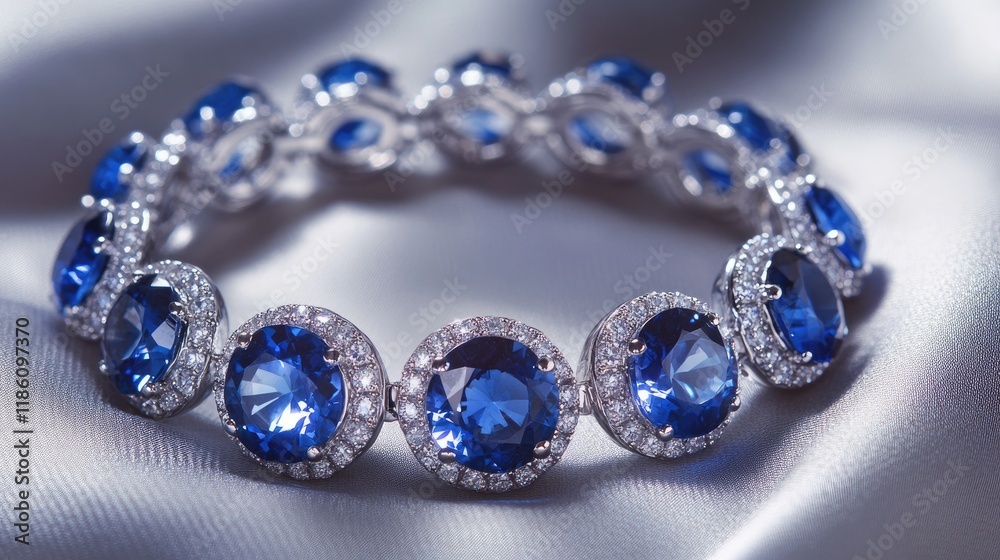 A shimmering sapphire bracelet with diamonds, lying on a smooth fabric surface, glowing in soft light. A shimmering sapphire bracelet with diamonds, lying on a smooth fabric surface, glowing in soft light.