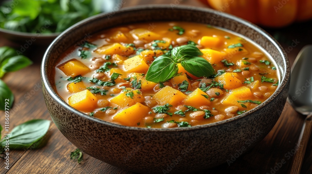 Delicious Vegetarian Soup with Lentils and Pumpkin Garnished with Fresh Herbs in a Rustic Bowl on a Wooden Table Delicious Vegetarian Soup with Lentils and Pumpkin Garnished with Fresh Herbs in a Rustic Bowl on a Wooden Table