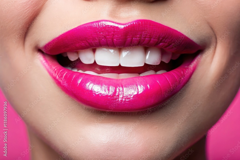 Smiling, glossy pink lips beautifully highlighted; soft pink background complements the makeup. Smiling, glossy pink lips beautifully highlighted; soft pink background complements the makeup.