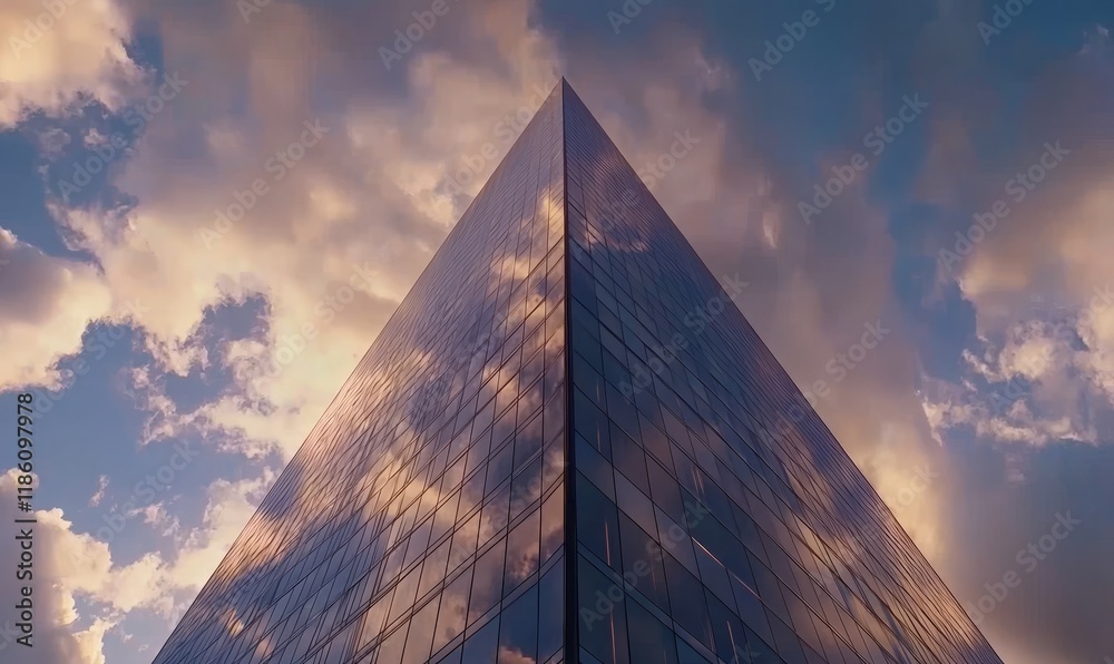 A futuristic office building’s curved glass windows are showcased in a low angle view A futuristic office building’s curved glass windows are showcased in a low angle view