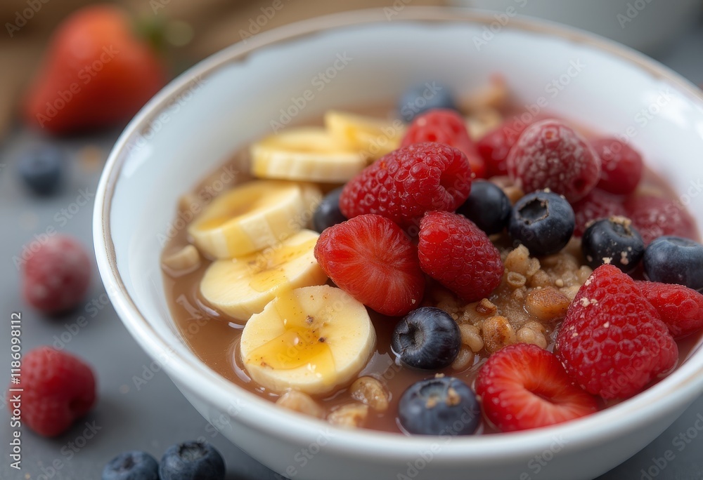 Oatmeal bowl with berries, banana, and honey drizzle. Oatmeal bowl with berries, banana, and honey drizzle.