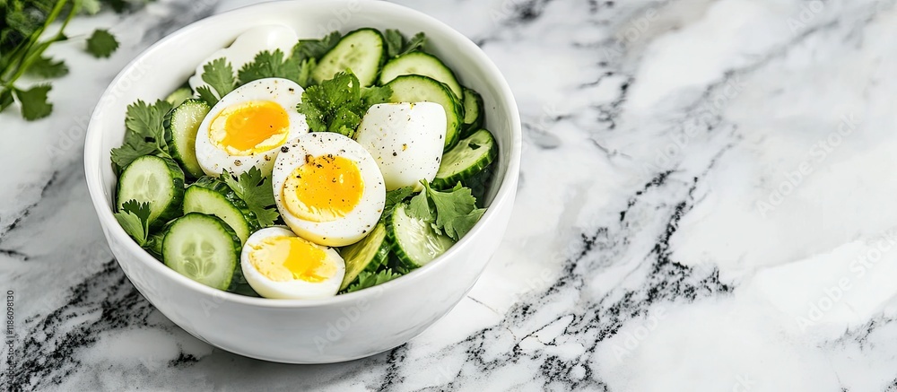 Healthy bowl featuring cucumber salad with eggs and coriander on a marble background. with copy space image. Place for adding text or design Healthy bowl featuring cucumber salad with eggs and coriander on a marble background. with copy space image. Place for adding text or design