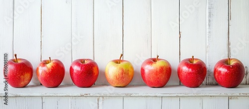 Apples arranged in a row on...