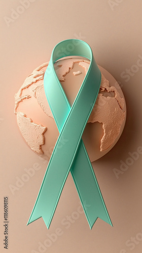 Teal ribbon tied around globe symbolizing awareness and support photo