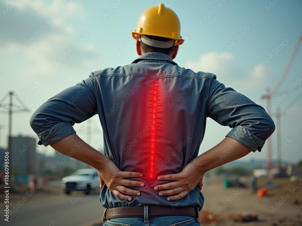 Construction worker experiencing back pain at a job site during the day Construction worker experiencing back pain at a job site during the day